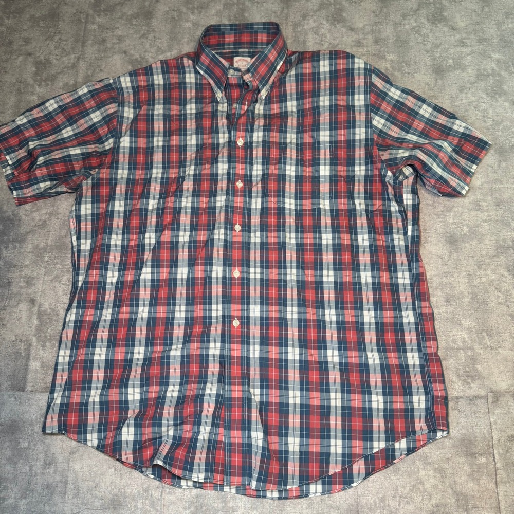 Brooks Brothers Mens L Short Sleeve Non-Iron Supima Cotton Plaid Button Down